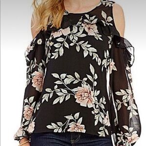 GUESS Adler Black Floral Cold Shoulder Ruffle Trim Long Sleeve Blouse Size Large
